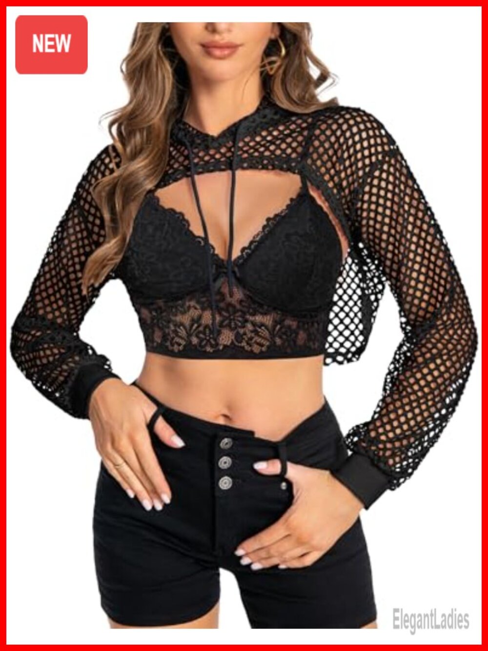 Women's Mesh Crop Hoodie Fishnet Long Sleeve Sheer Blouse Party Top